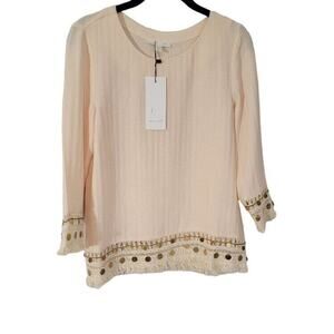 NWT Anthropologie See U Soon Blouse Women's Sz Small Cream Fringe Tassel